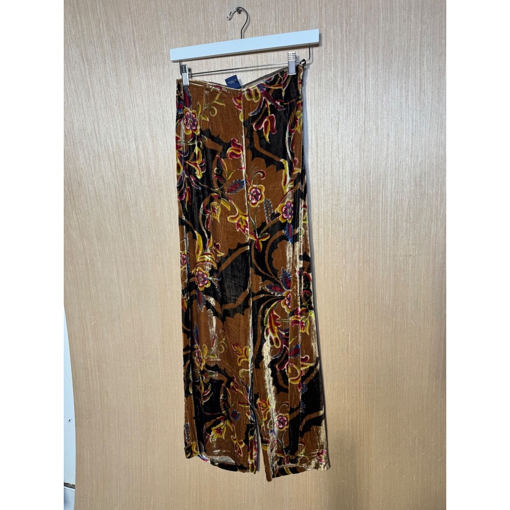Anthropologie Silk Velvet Wide Leg Pants Brown Floral Paisley Size 2 Boho Y2K